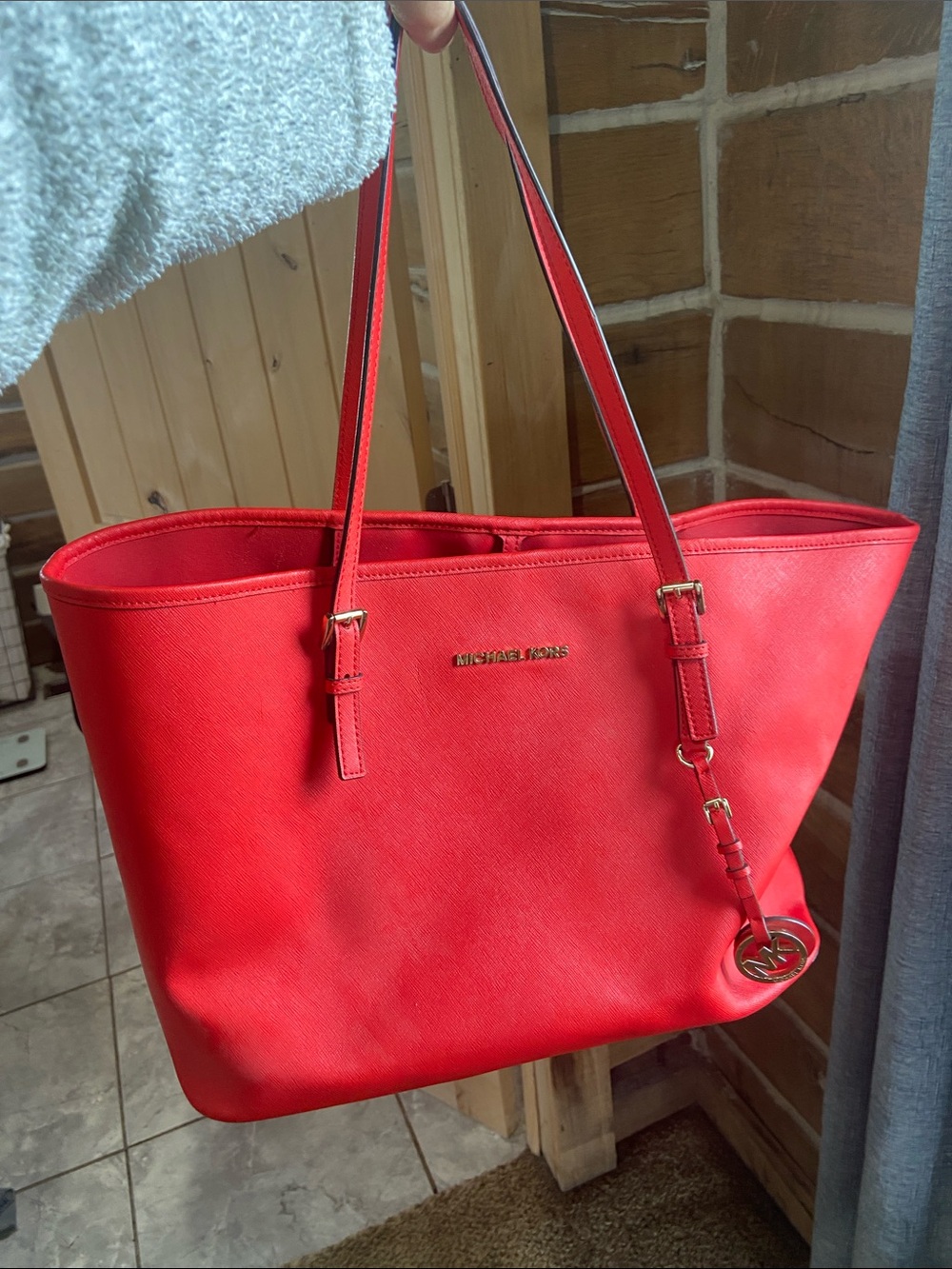 Michael Kors Bright Red Leather Tote with Gold Charm